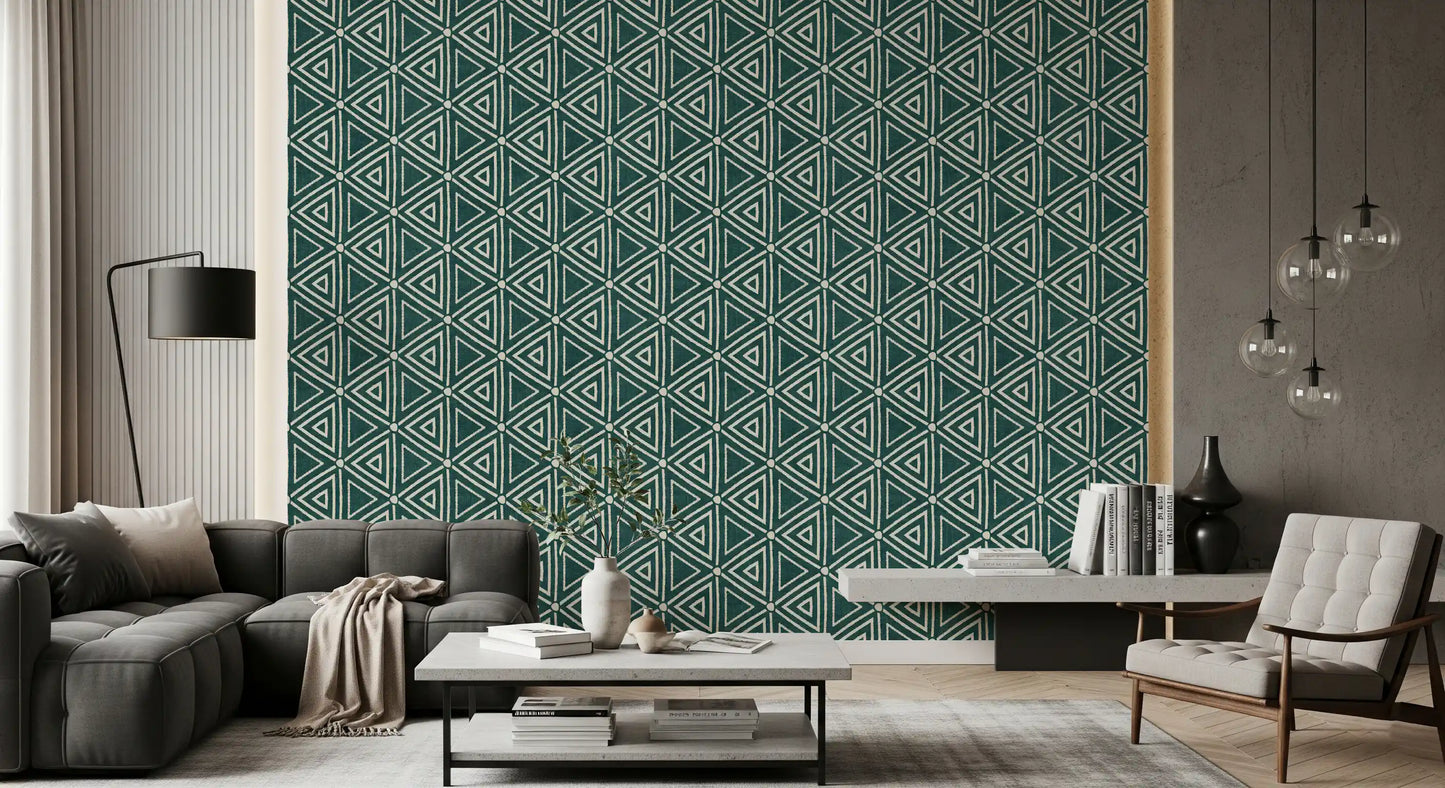 Repeating triangle rows give a lounge a boho feel in Mudcloth Triangles wallpaper