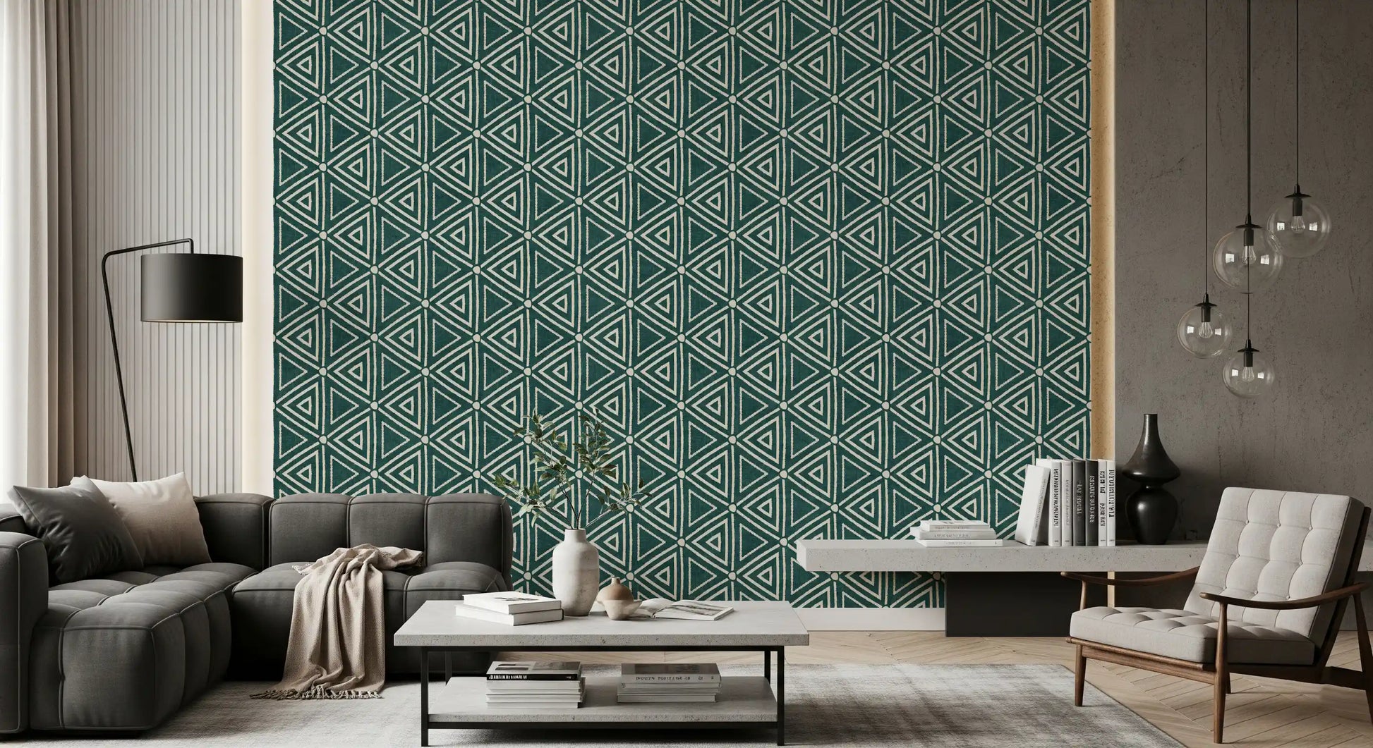 Repeating triangle rows give a lounge a boho feel in Mudcloth Triangles wallpaper