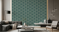 Repeating triangle rows give a lounge a boho feel in Mudcloth Triangles wallpaper