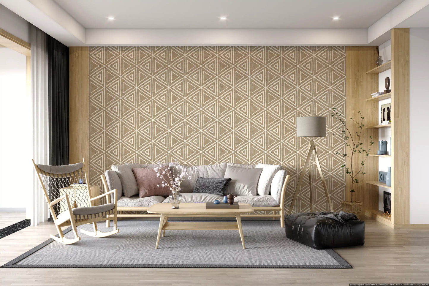 Behind the sitting room, the Boho Mudcloth wallpaper layers cream triangles on sand beige