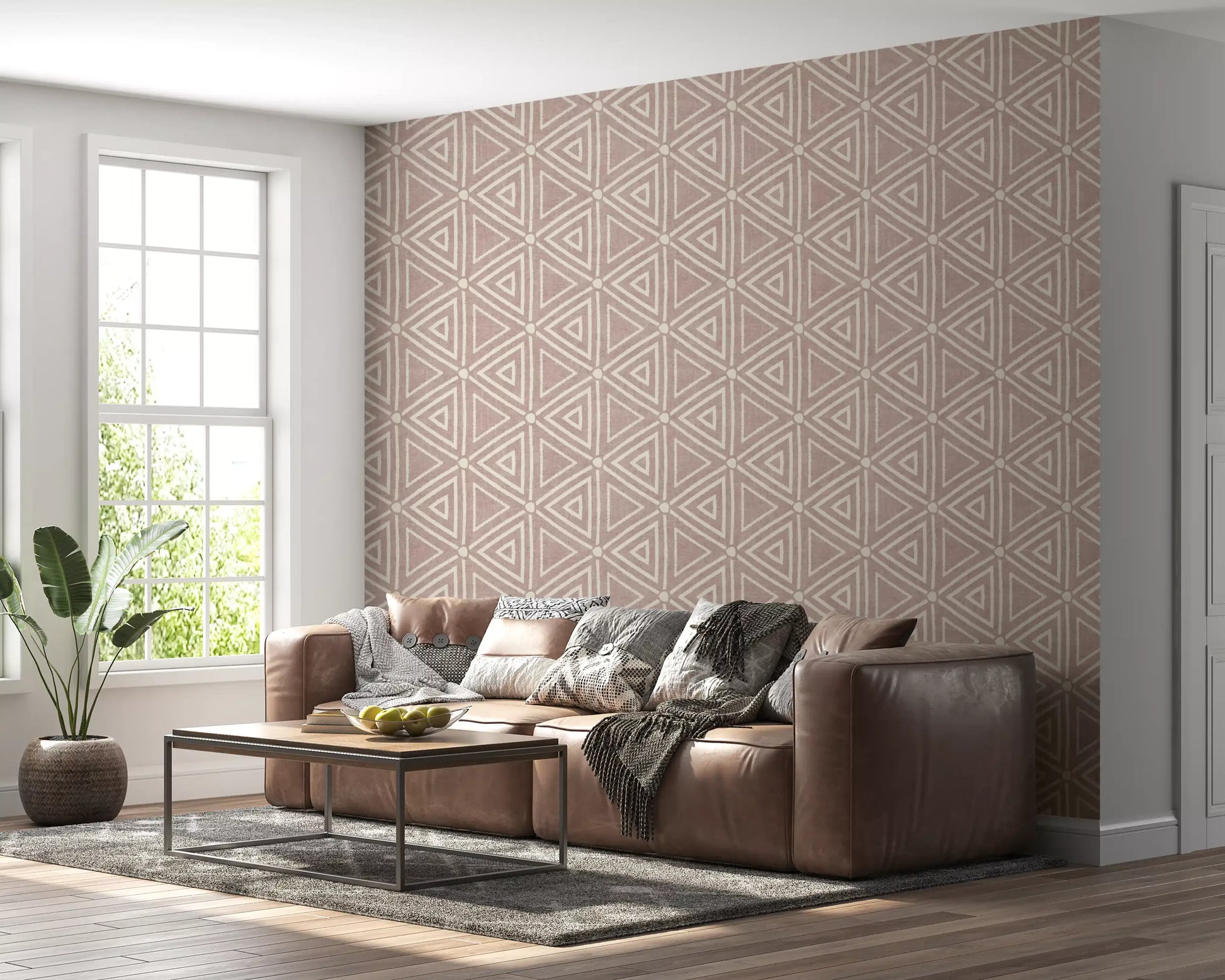 Tight repeat of cream triangles and dot junctions on the boho mudcloth wallpaper