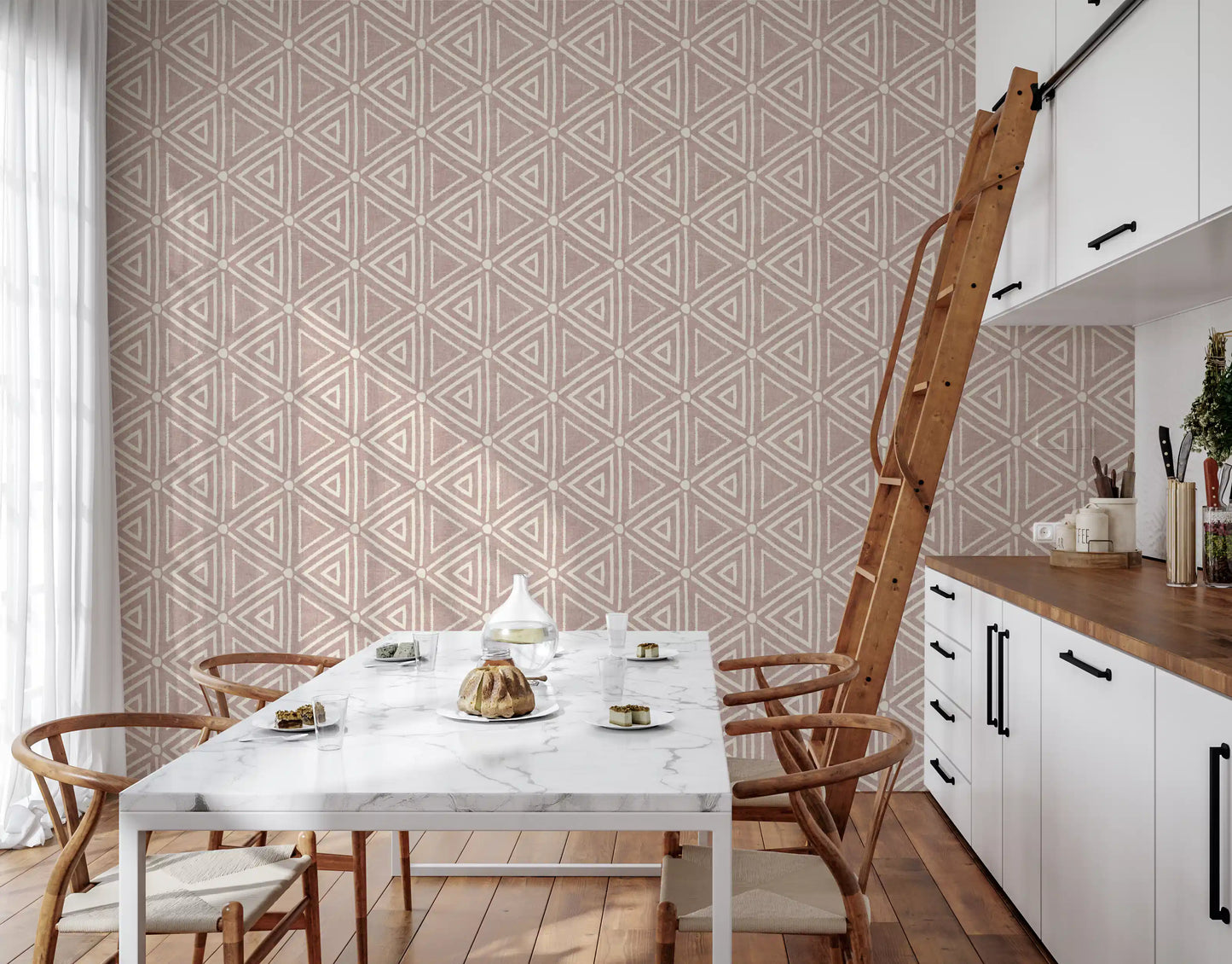 Kitchen and dining  mood shaped by dusty rose mudcloth wallpaper and its tribal grid