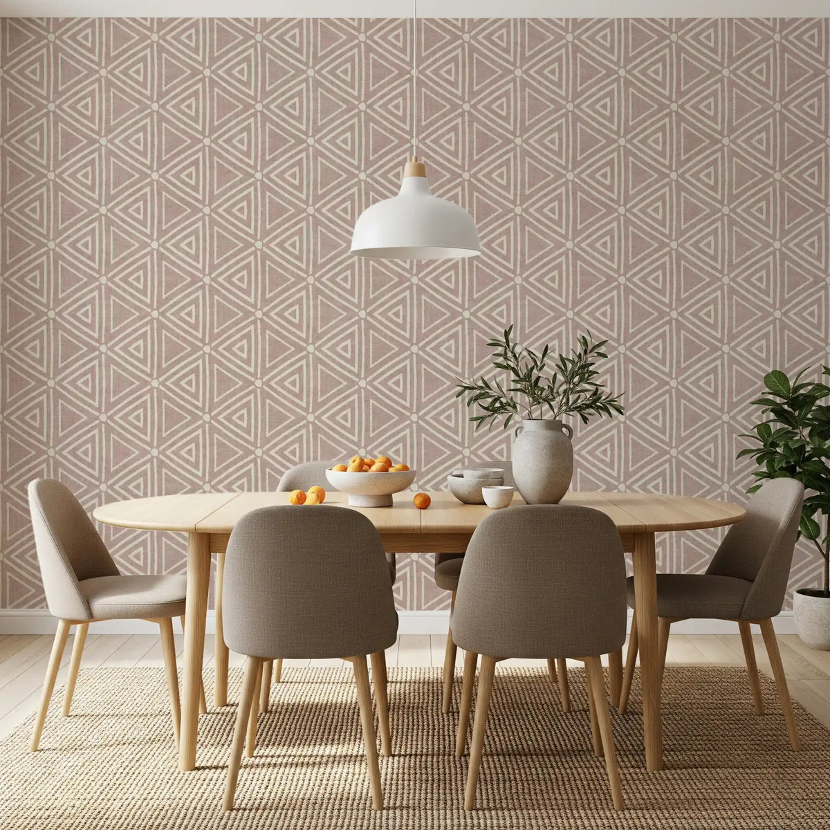 Dusty rose boho mudcloth wallpaper warming a calm dining room scheme