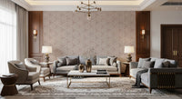 Ivory triangles nested in tight rows over a dusty rose boho mudcloth wallpaper field