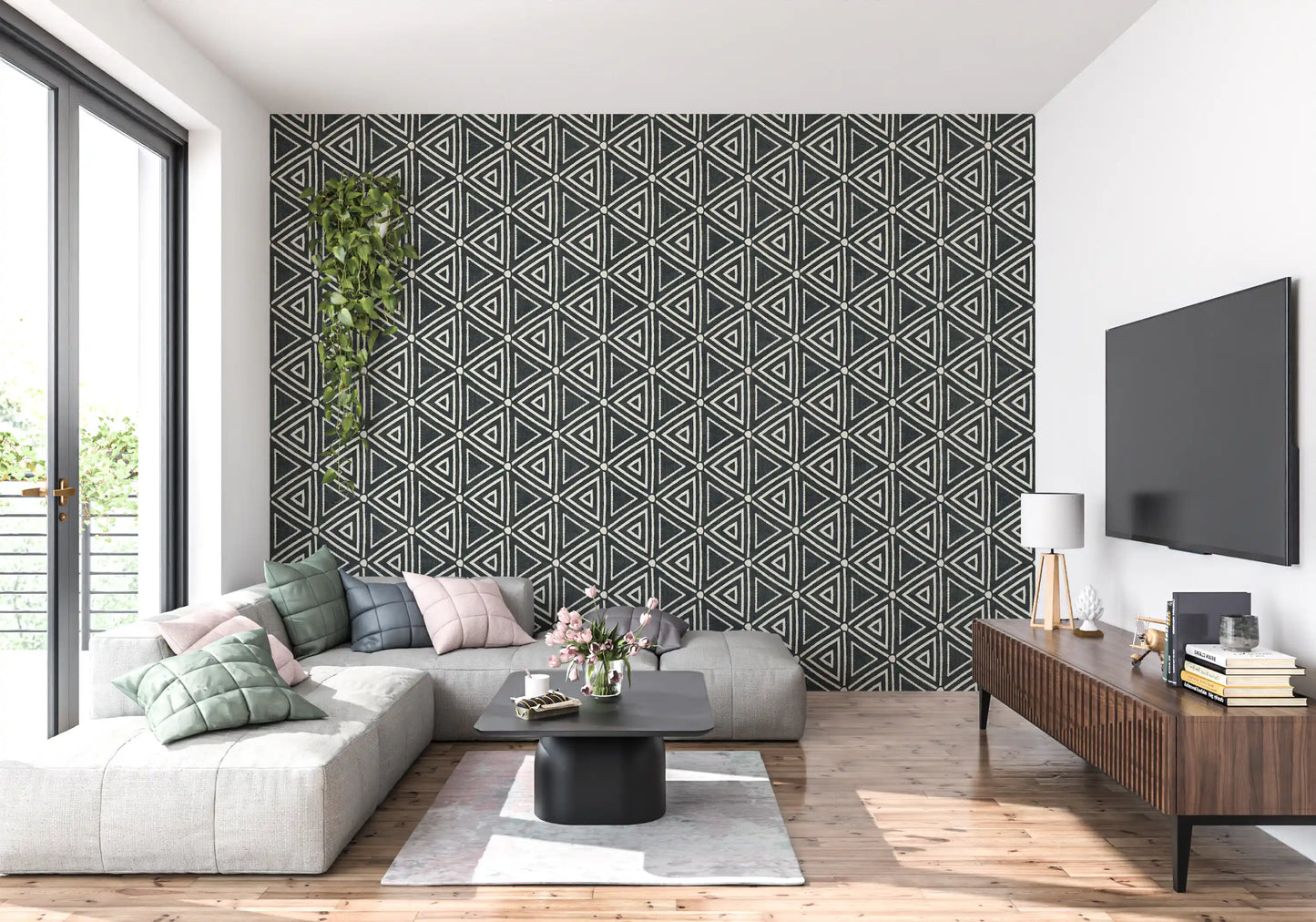 Stepping into an entryway, boho mudcloth wallpaper sets a moody, handcrafted tone
