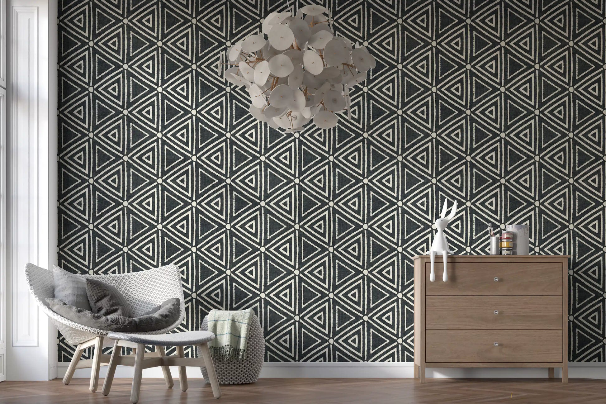 Hallway feels calmer in a study dressed with charcoal mudcloth wallpaper
