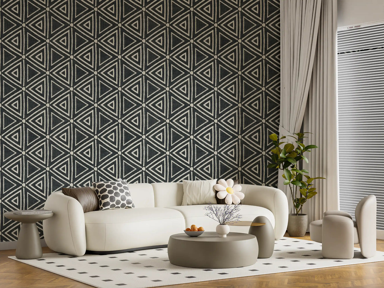 Textured Mudcloth Geometric Triangles Boho Charcoal Black  Wallpaper⁠