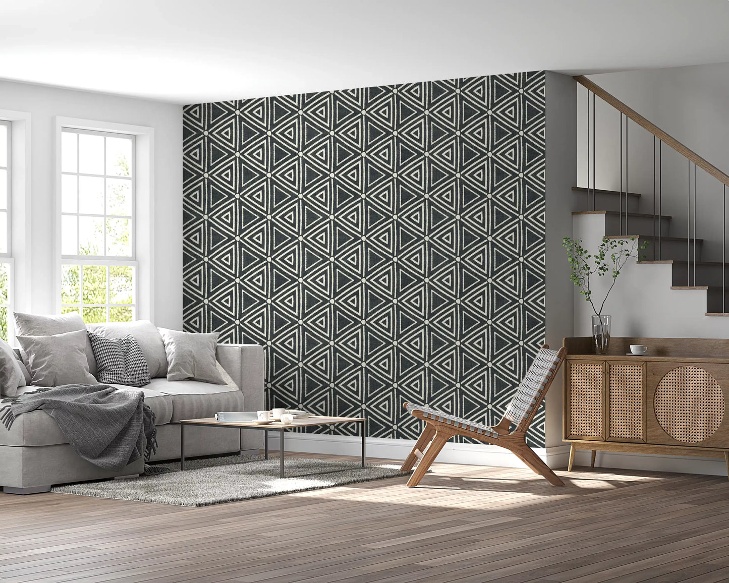 Flat, shine-free finish lets the boho triangle wallpaper pattern hold attention