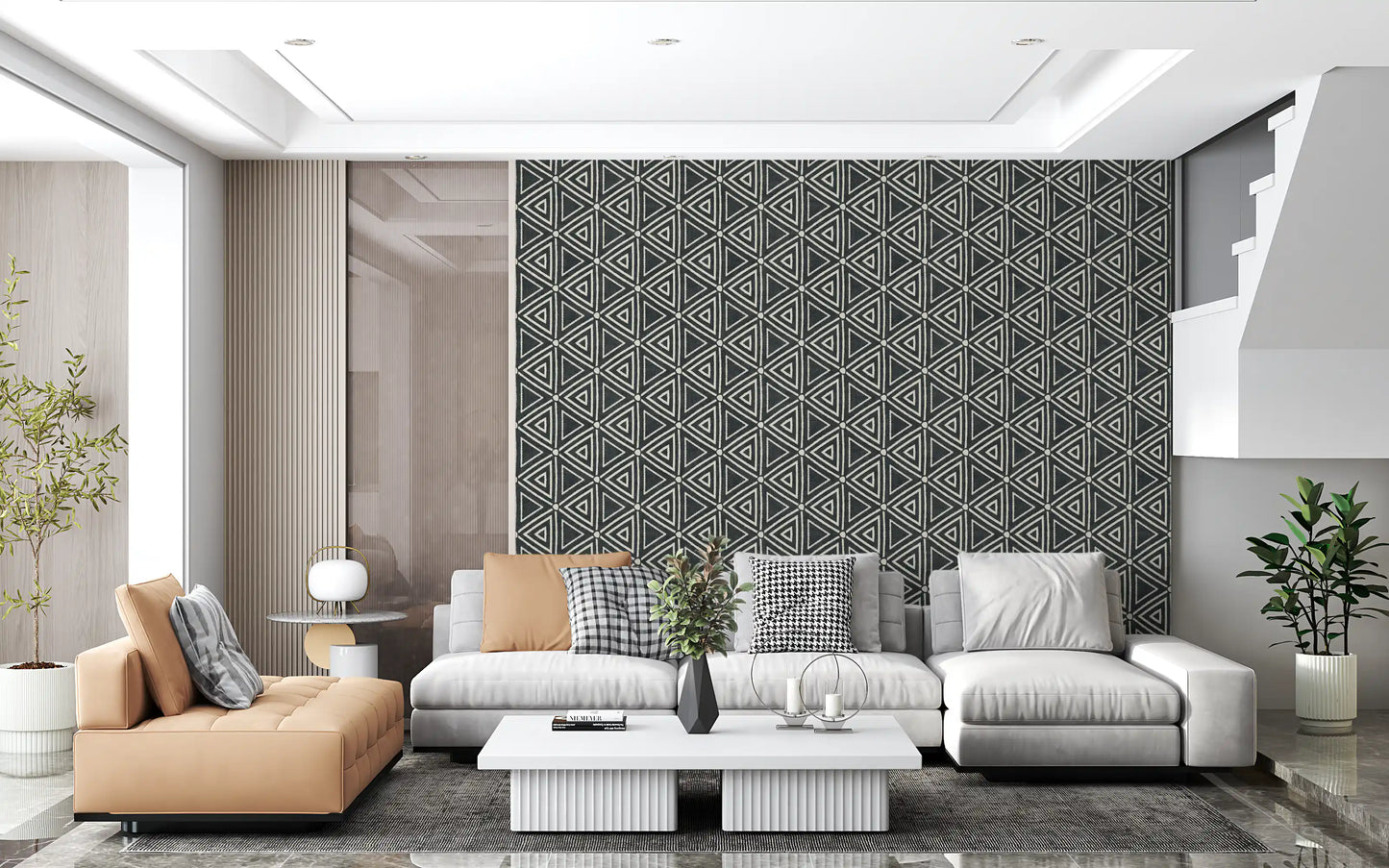 Tribal triangle repeats give a Living room a calm, gallery-style charcoal wallpaper feel