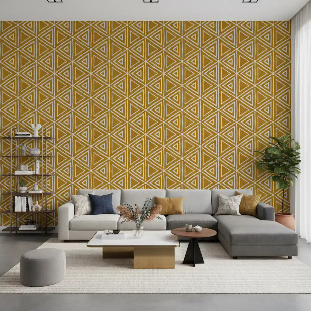 Aged, sun-faded mustard gives the boho mudcloth wallpaper its mellow tone