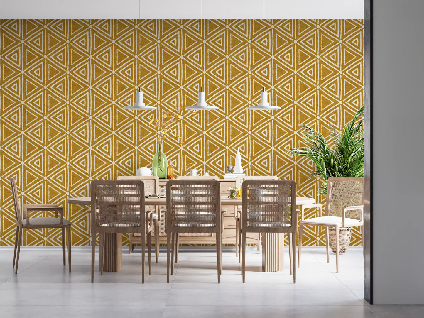 Cream triangle rows steady a calm dining room setting in boho mudcloth wallpaper