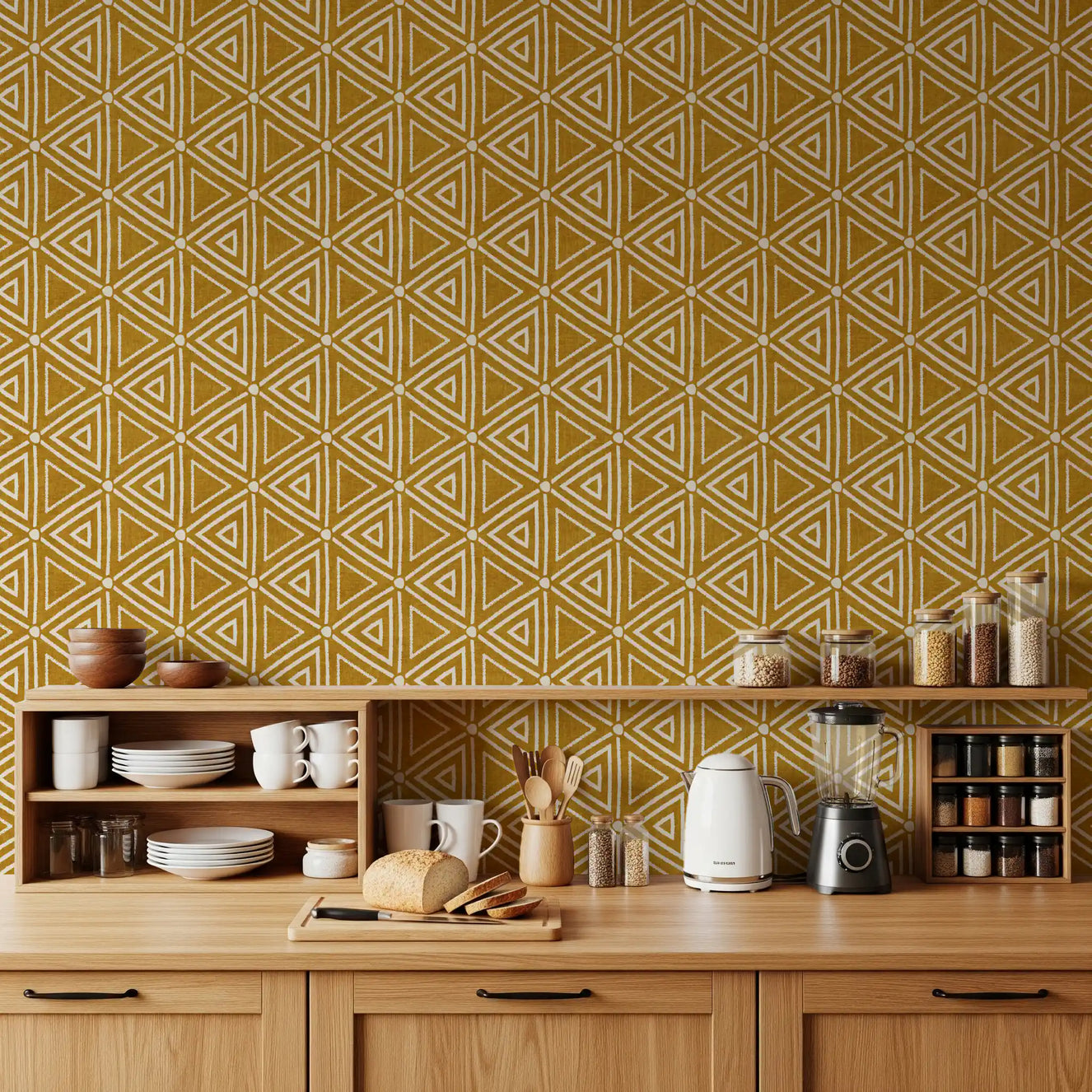 Textured Mudcloth Geometric Triangles Boho Mustard Yellow Wallpaper⁠