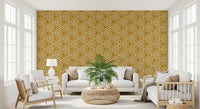 Warm mustard tones lift a hallway nook in boho mudcloth wallpaper