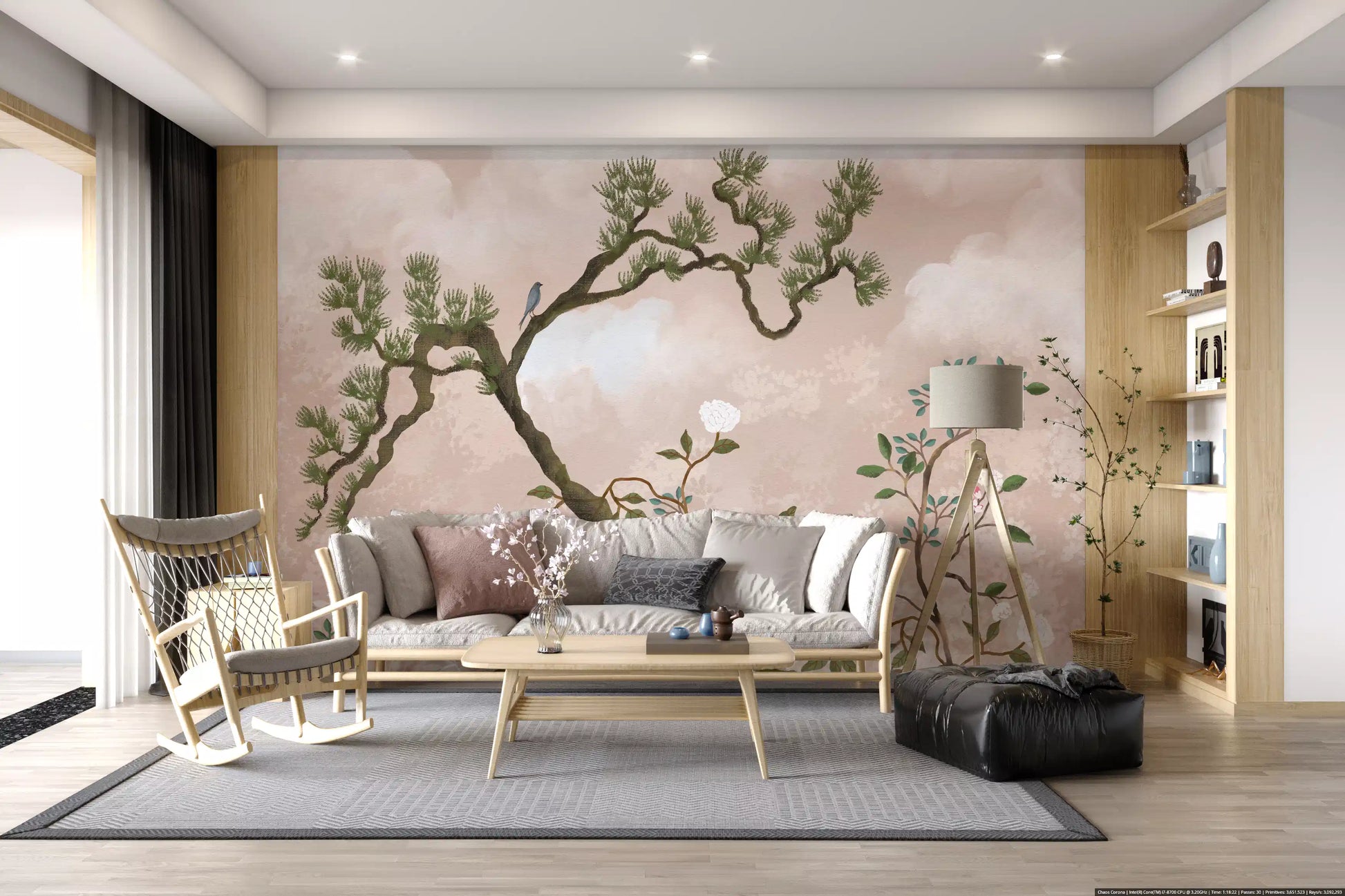Hallway kept gentle, serene chinoiserie bird wall mural rising through clouded beige