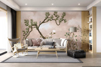 Hallway kept gentle, serene chinoiserie bird wall mural rising through clouded beige