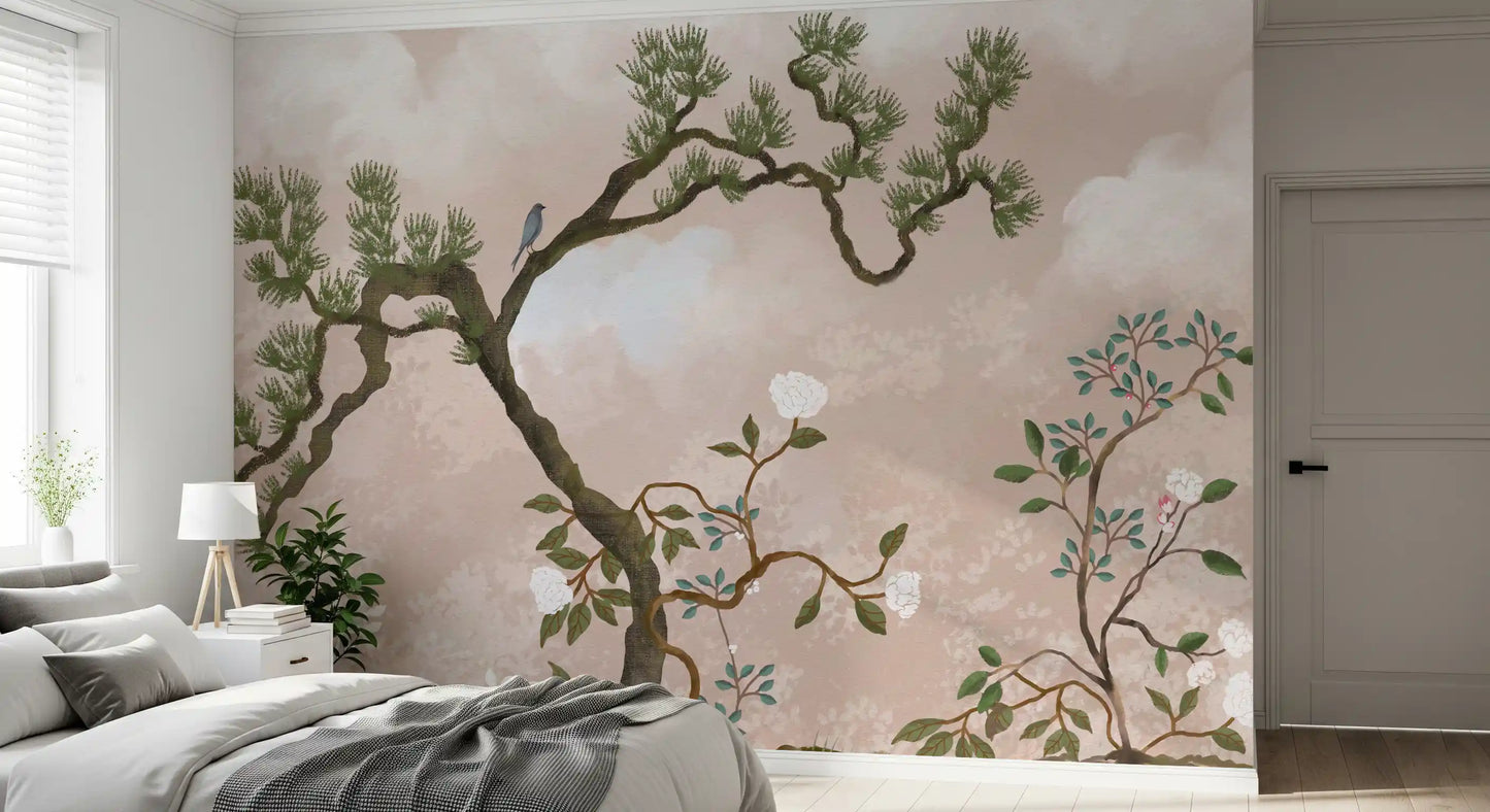 The perched blue bird rests on a forked pine in this chinoiserie garden wall mural