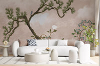 White peonies and slim green leaves climb the lower band of the garden bird wall mural