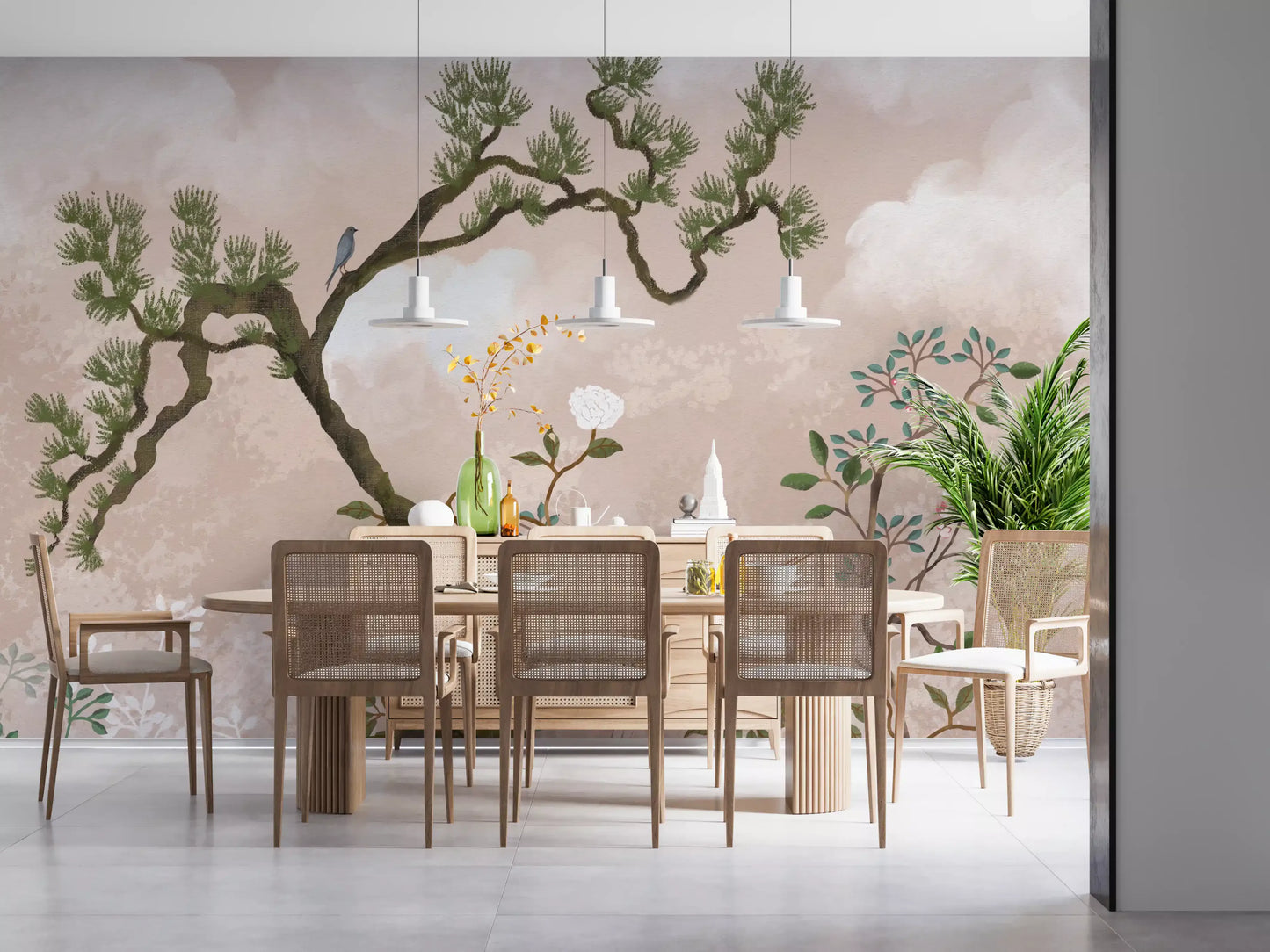 Drifting cloud and pale blush fill the painterly chinoiserie garden wall mural