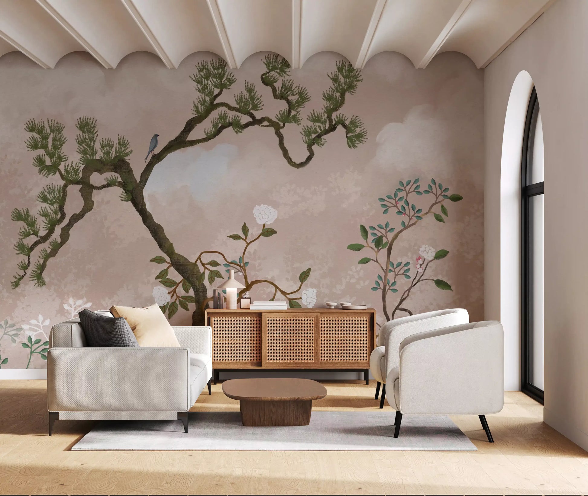 Pine limbs and pale peony blooms fill a calm living room, chinoiserie garden wall mural