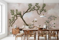 Twisting limbs fork from one trunk; serene garden bird wall mural seen up the centre
