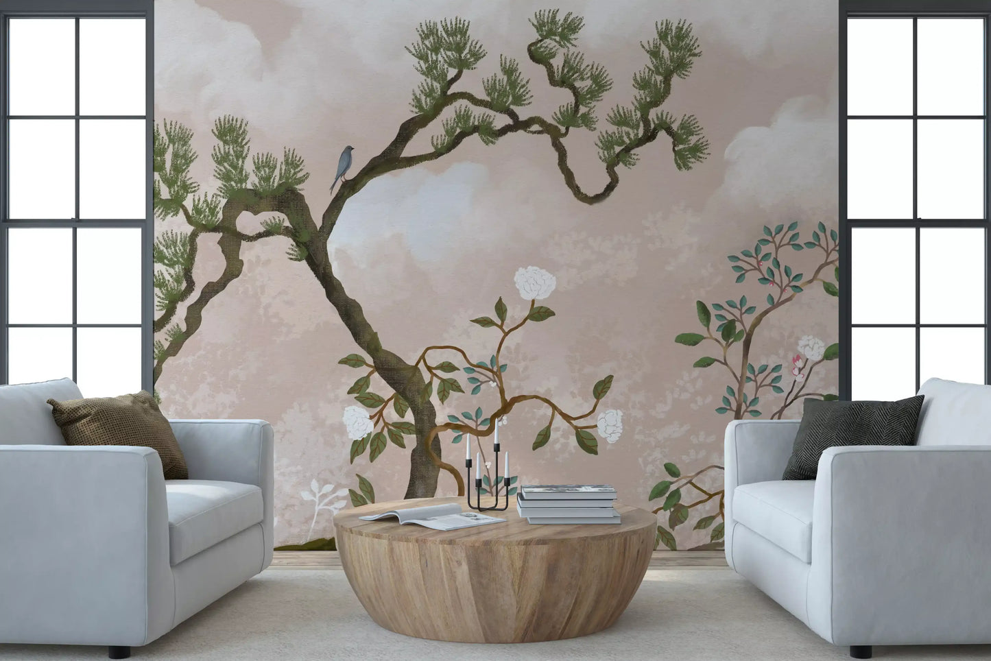 A perched songbird quiets a lounge, the painterly garden wall mural set in warm haze