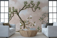 A perched songbird quiets a lounge, the painterly garden wall mural set in warm haze