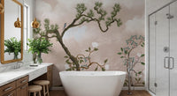 Hazy rose sky behind a small bathroom , the blue bird garden wall mural in view