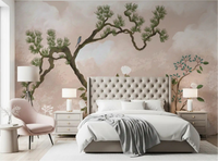 Bedroom styled in blush tones with the Serene Chinoiserie Garden bird wall mural