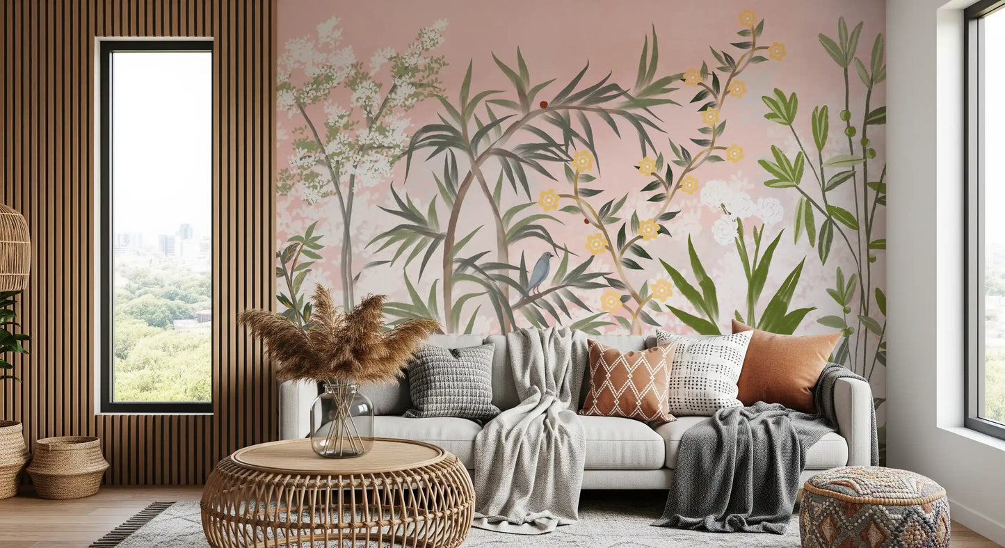 Slim trees and trailing vines lead the eye upward over a gentle chinoiserie wall mural