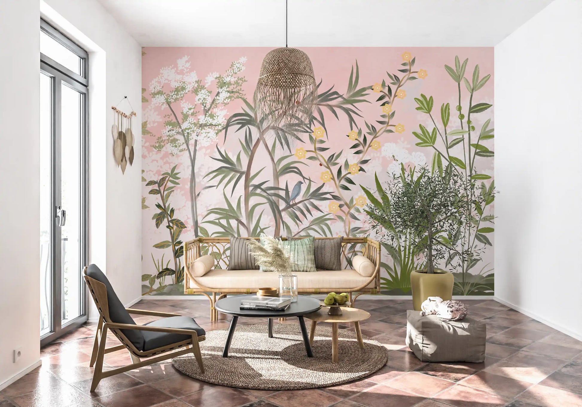 Tall painterly trees stretch up beside an open Living room wall mural