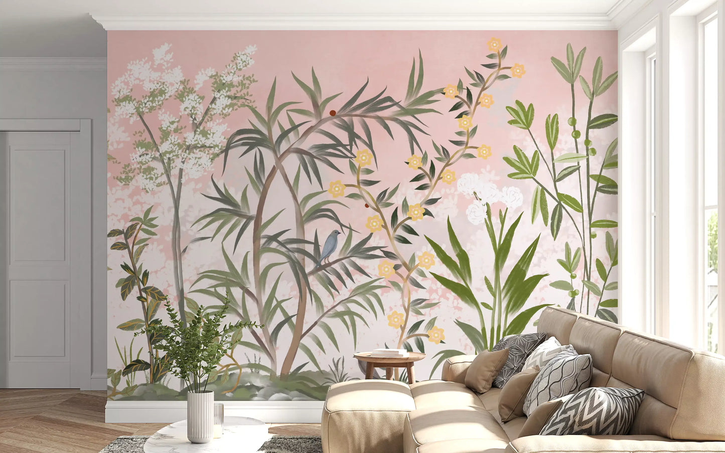 Chinoiserie blossom trees and perched birds frame a quiet Living room , pink garden wall mural