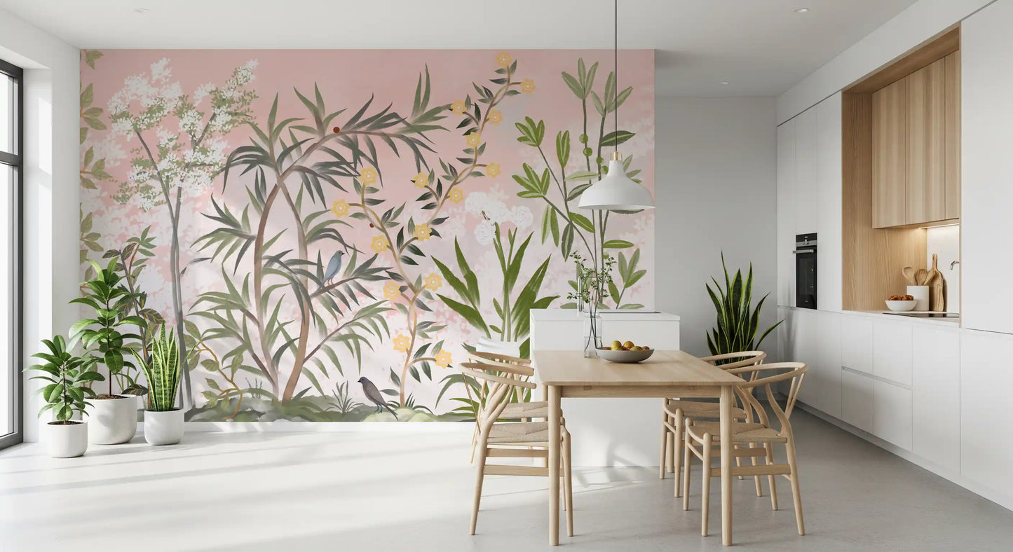 Blush pink garden scene spreads behind a calm dining room in this wall mural