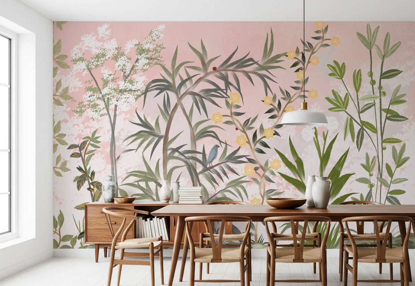 Pink-toned garden quiet wraps a small Dining room within this blossom wall mural