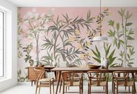 Pink-toned garden quiet wraps a small Dining room within this blossom wall mural