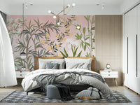 Warm pink and green tones keep the chinoiserie garden light and open in this wall mural