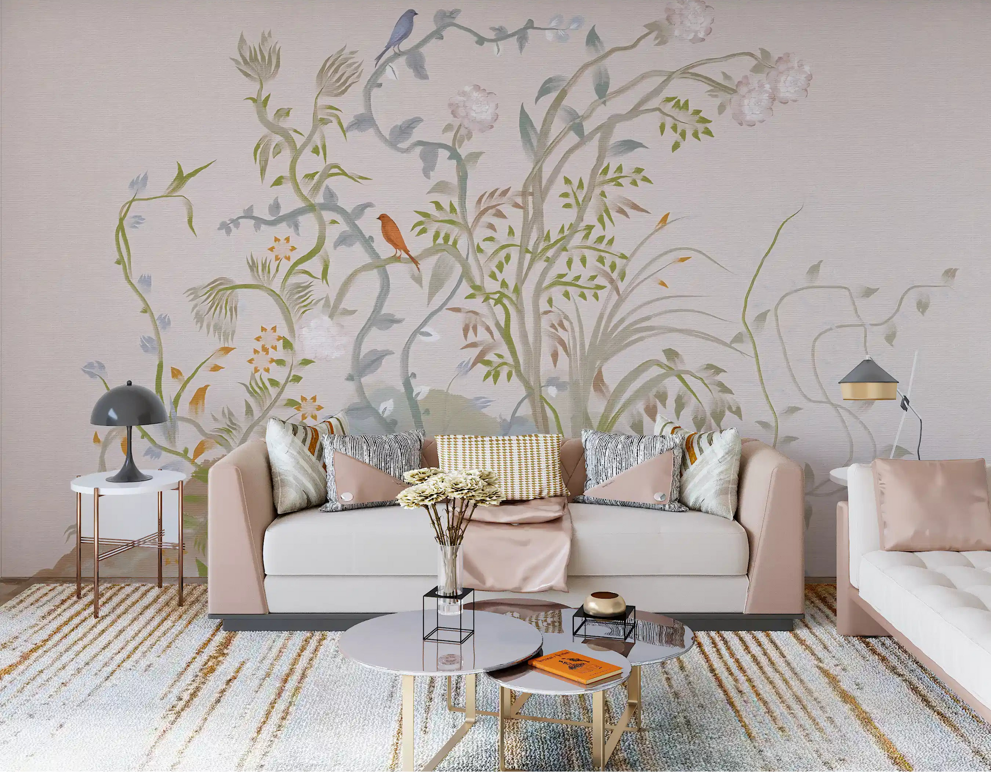 Chinoiserie songbird wall mural giving a living room a calm botanical mood