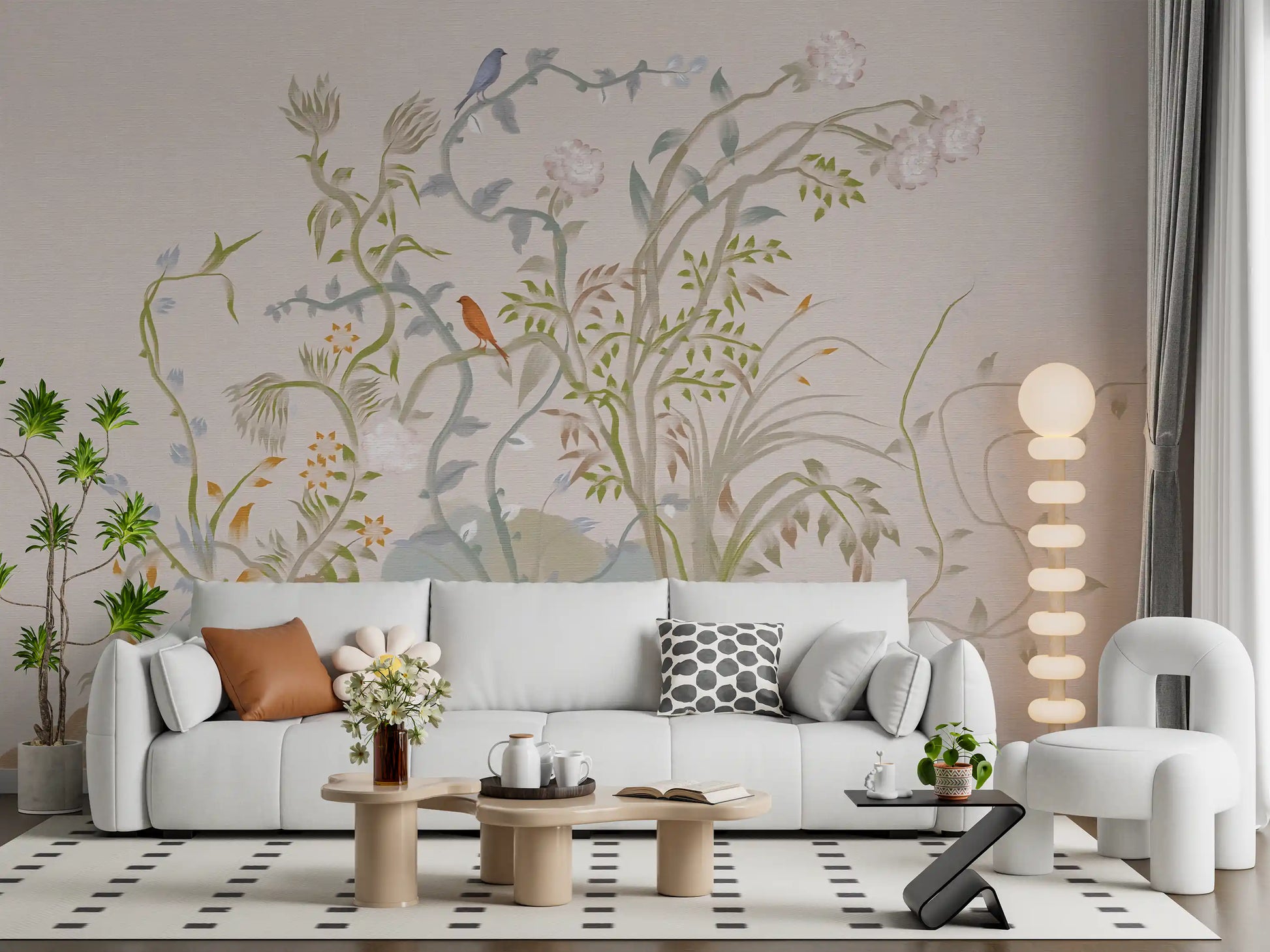 Vine-and-songbird chinoiserie wall mural keeping a hallway gentle and uncluttered 