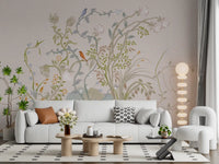 Vine-and-songbird chinoiserie wall mural keeping a hallway gentle and uncluttered 