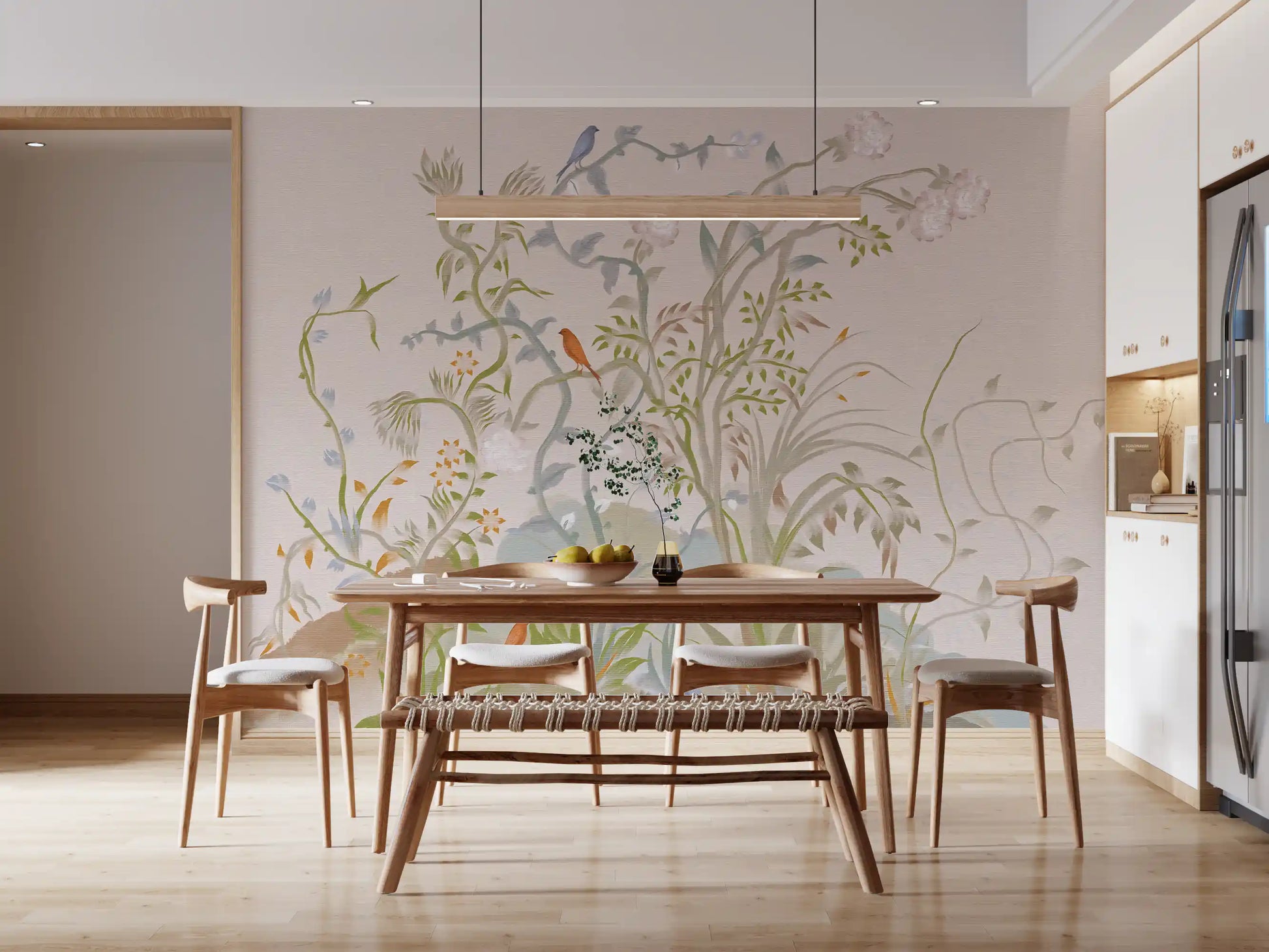 Rust and periwinkle songbirds resting on curved branches of the chinoiserie wall mural