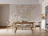 Rust and periwinkle songbirds resting on curved branches of the chinoiserie wall mural