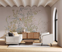 Slender vines climbing a linen-toned ground in this chinoiserie songbird wall mural