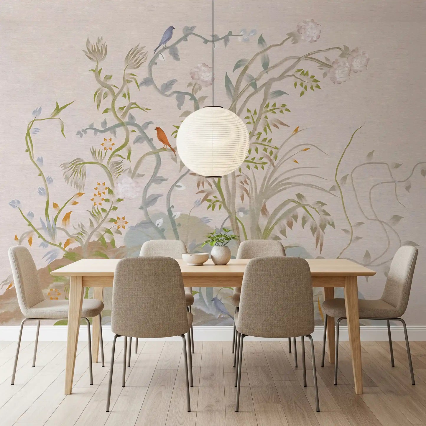 Songbirds resting among vines over a calm Dining room, chinoiserie wall mural in neutral tones