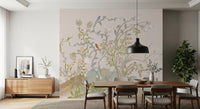 Pale peonies and bell flowers set between sage leaves of the chinoiserie wall mural