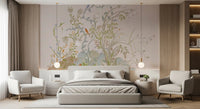 Loose grasses gathering into a low painterly hill along the chinoiserie wall mural base