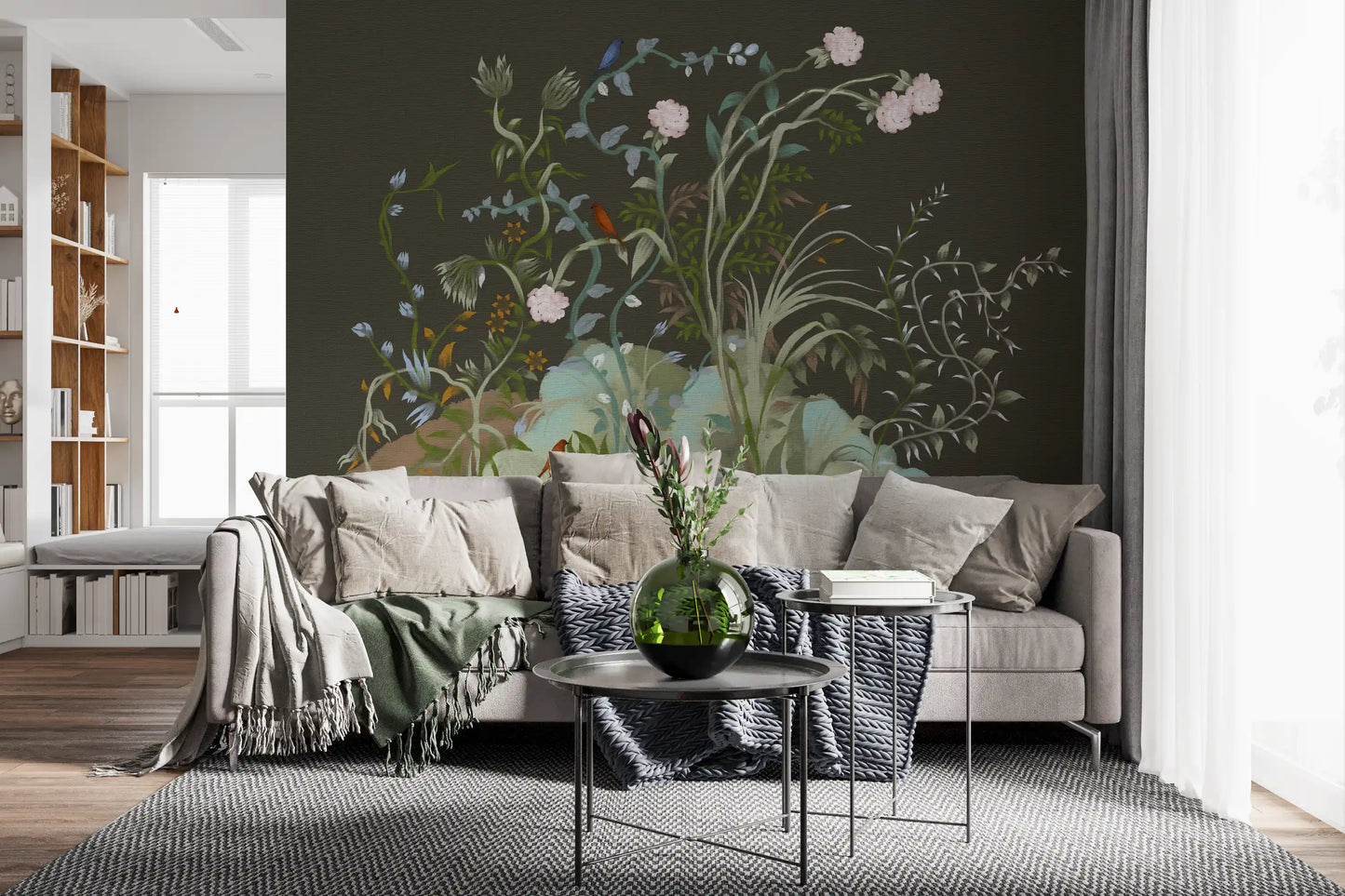 Pink peonies and small songbirds stand out on the moody chinoiserie wall mural ground