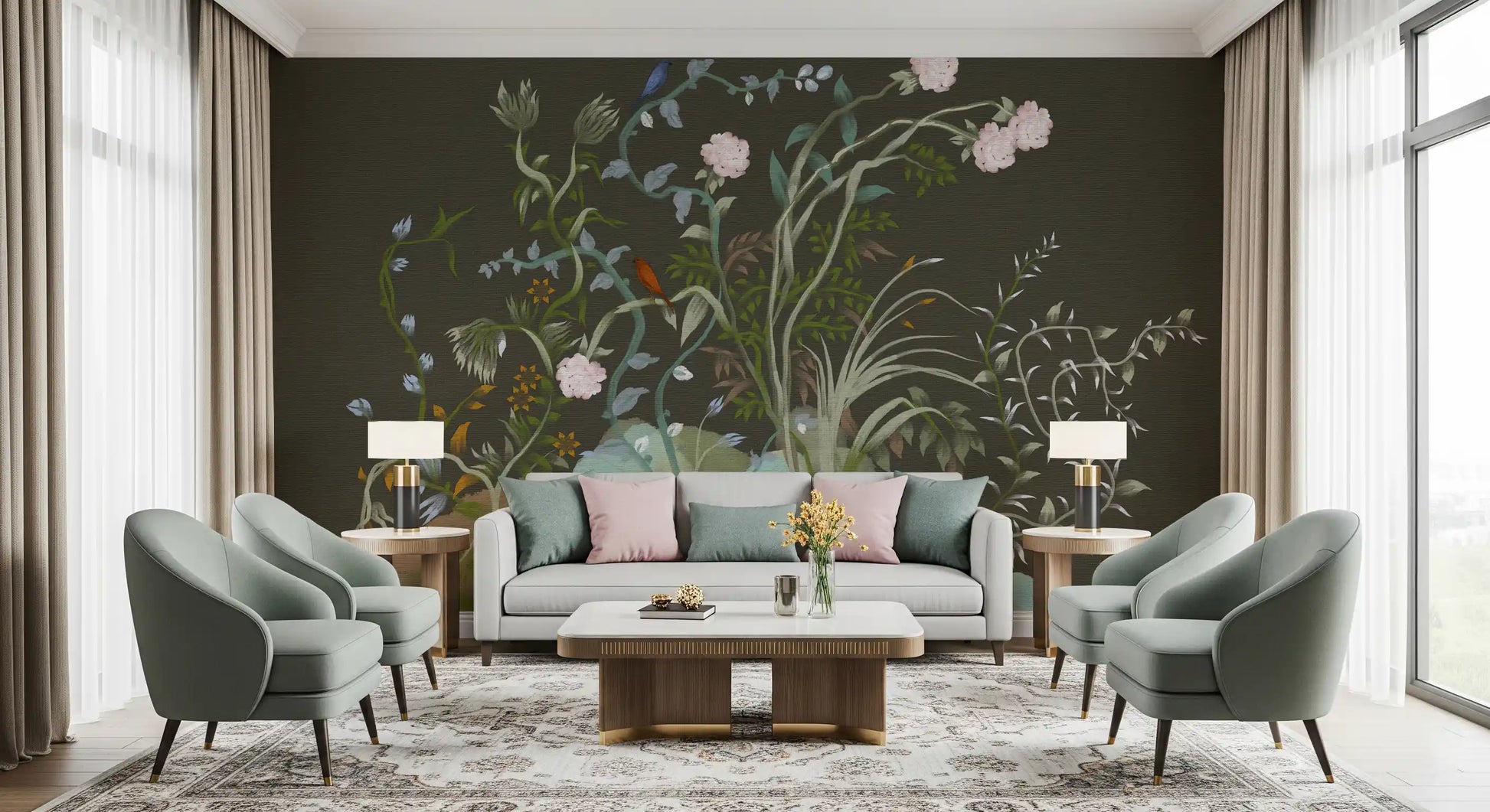 Quiet and atmospheric, this chinoiserie wall mural keeps a Living ropom calm and restful