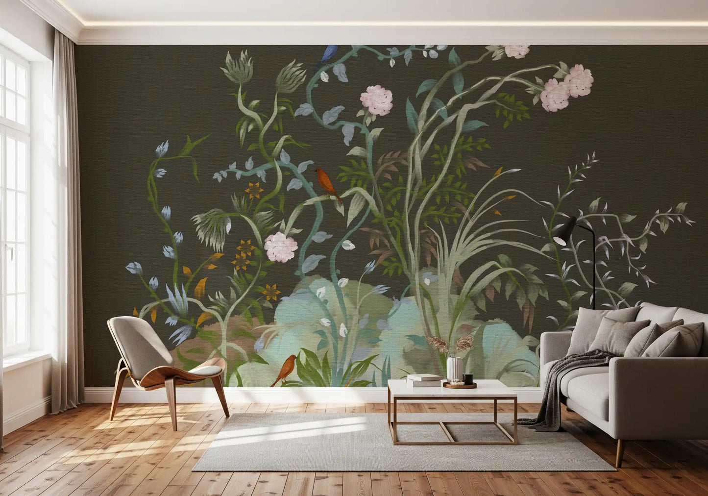 Muted greens, dusty pinks and faded golds shape this moody chinoiserie wall mural