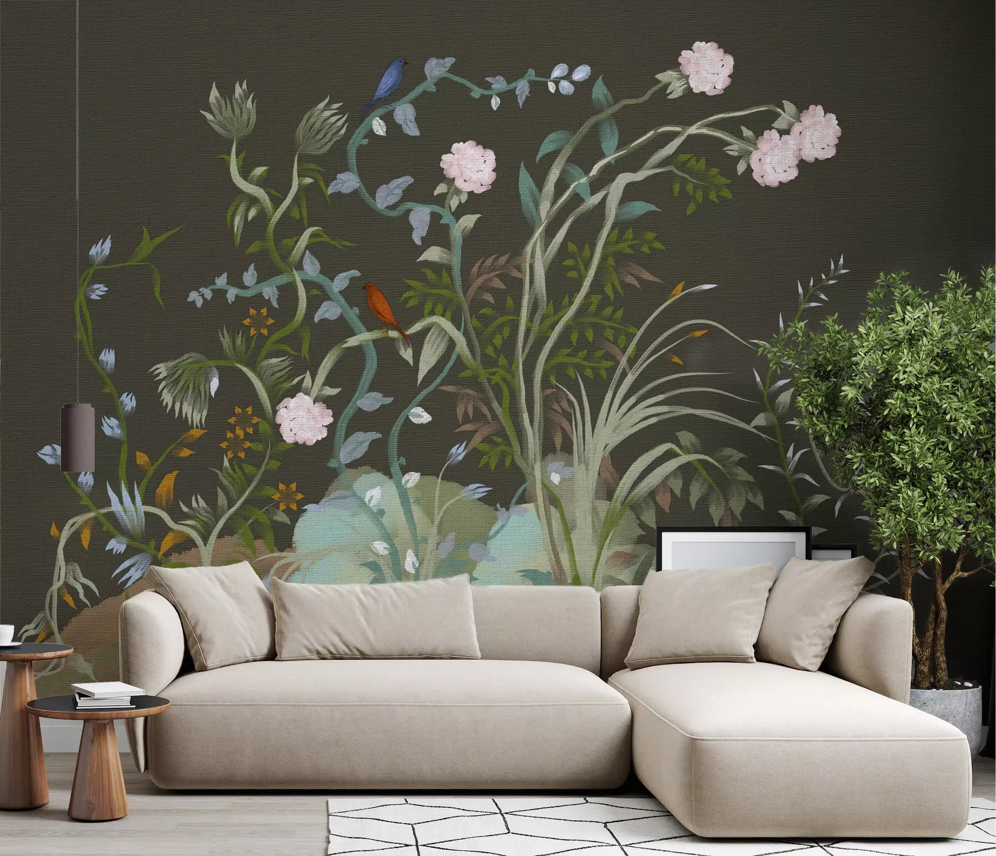 Olive ground sets a moody base for a living room in this chinoiserie wall mural
