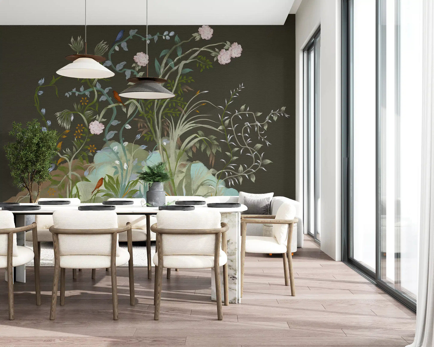 Low glare on the matte ground leaves the chinoiserie wall mural detail clear