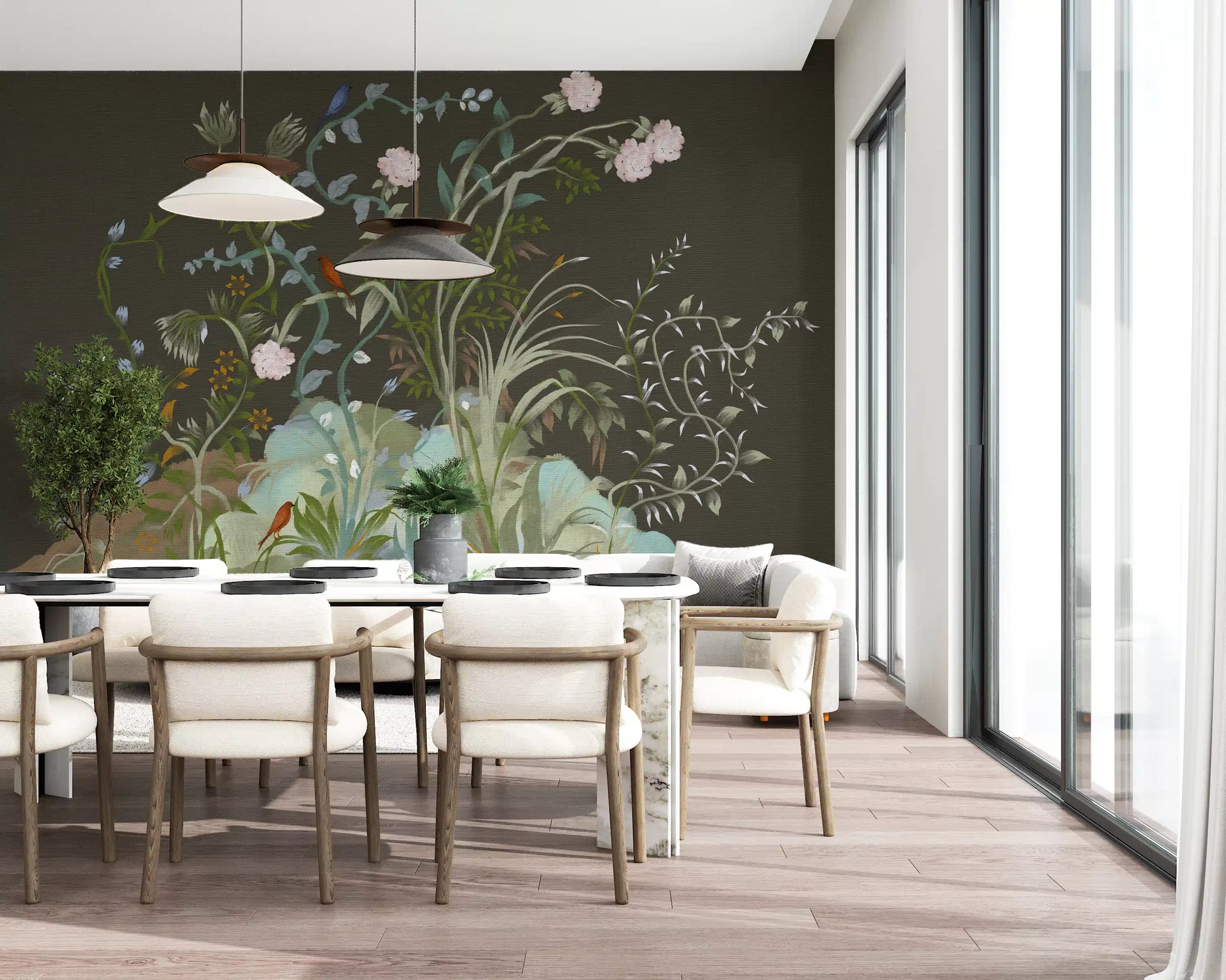 Low glare on the matte ground leaves the chinoiserie wall mural detail clear